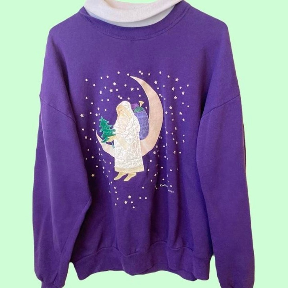 90s Authentic Vintage Purple Winter Moon Stars Pine Tree long sleeve crewneck